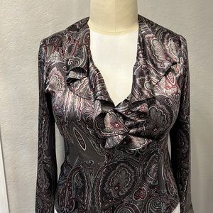 Jones NY | Paisley Grey and Wine Ruffle Neck Satin Blouse